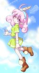  aya_tsudi boots curly_hair feathers hairband nintendo panel_de_pon pink_eyes pink_hair pointy_ears short_hair skirt sky smile solo windy_(panel_de_pon) wrist_cuffs 