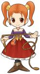  cleavage corset dragon_quest dragon_quest_viii dress earrings itadaki_street jessica_albert jewelry official_art red_dress red_eyes red_hair redhead short_twintails simple_background smile solo standing strapless_dress twintails whip 