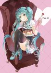  bow cake eating food hair_bow hatsune_miku sitting sk smile solo thigh-highs thighhighs tongue twintails vocaloid 