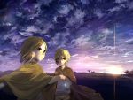  bird blonde_hair cape cloud clouds earrings glowing hair_ornament hair_ribbon hairclip hand_holding holding_hands jewelry kagamine_len kagamine_rin necklace ribbon siblings sky sunset twins ume_(plumblossom) vocaloid yellow_eyes 