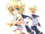  bow green_eyes hair_bow hair_ornament hairclip headphones kagamine_len kagamine_rin school_uniform siblings twins ueno_tsuki vocaloid 