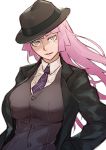  breasts copyright_request fedora formal hat large_breasts long_hair mole necktie pink_hair solo suit sun-3 