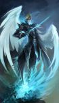  angel_wings armor blonde_hair blue blue_eyes blue_fire blue_flame coldfire fire gerald_tarrant male sandara solo sword weapon wings 