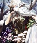  cape crystal dress elf flower food forest fruit fur grapes leaf lips long_hair madoi_shiroo nature original pointy_ears rose snow solo strawberry thorns tree white_hair winter 