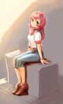  bow_(artist) bow_(bhp) green_eyes high_heels highres jeans long_hair original pink_hair shoes sitting sketch solo 