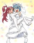  2girls blue_eyes blue_hair carrying dress elbow_gloves formal gloves groom lowres mahou_shoujo_madoka_magica miki_sayaka multiple_girls ponytail princess_carry red_eyes red_hair redhead sakura_kyouko susanowokoujin wedding wedding_dress yuri 