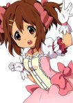  bad_id bow brown_eyes brown_hair cosplay gloves hair_bow highres hirasawa_yui k-on! kaname_madoka kaname_madoka_(cosplay) magical_girl mahou_shoujo_madoka_magica neki neki_(wakiko) parody puffy_sleeves short_twintails solo twintails white_gloves 