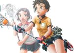  athletic ball bike_shorts bra_strap brown_eyes brown_hair copyright_request footwear gloves hair_ornament hairclip lacrosse multiple_girls open_mouth popped_collar short_hair simple_background skirt socks t-shirt thighs tomboy upskirt v-mag 