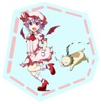  bat_wings biting blue_hair blush chain chains connect_(madoka_magica) dog dress gloves hat mahou_shoujo_madoka_magica open_mouth parody pink_dress red_eyes red_shoes remilia_scarlet rioshi shoes short_hair solo touhou white_gloves wings 