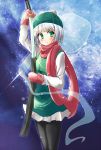  beanie black_legwear ghost green_eyes hat hitodama katana konpaku_youmu konpaku_youmu_(ghost) mittens myon night night_sky pantyhose scabbard scarf sheath shimamura_youmu short_hair silver_hair skirt sky solo star_(sky) starry_sky sword touhou unsheathing vest weapon yukiya_(shiya) 