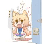  animal_ears blonde_hair blue_dress blue_eyes blush check_translation chibi child dekasudachin door dress fang fox_ears fox_tail hand_on_head long_sleeves multicolored_dress multiple_tails open_mouth petting solo tail tears touhou translated white_dress yakumo_ran 