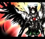  acryl alternate_weapon arm_cannon bad_id black_hair bow brown_hair cape dress dual_wielding hair_bow highres letterboxed long_hair red_eyes reiuji_utsuho solo thighhighs touhou very_long_hair weapon wings 