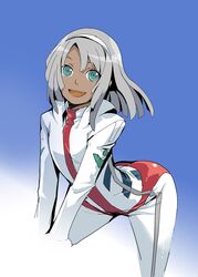  1boy :d androgynous arched_back ass bent_over blue_eyes bodysuit dark_skin green_eyes grey_hair gundam headband kikuyarou loran_cehack male open_mouth pilot_suit simple_background skin_tight smile solo trap turn_a_gundam white_hair 