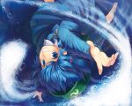  backpack bag barefoot blue_dress blue_eyes blue_hair bubble dress grin hair_bobbles hair_ornament hands hat kanini kawashiro_nitori key looking_at_viewer outstretched_arms randoseru smile solo submerged touhou twintails upside-down water 