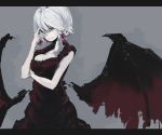  adult bangs bat_wings breasts cleavage collarbone dress earrings jewelry large_breasts letterboxed nail_polish pointy_ears rca red_dress red_eyes remilia_scarlet short_hair silver_hair sleeveless sleeveless_dress solo touhou wings wink 