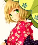  blonde_hair blush green_eyes japanese_clothes kimono looking_back moriyama_shiemi open_mouth short_hair tsukimori_usako umbrella usakotsukimori 