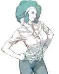  afro aloe_(pokemon) arched_back belt blouse bracelet breasts green_hair gym_leader hands_on_hips head_tilt headband jewelry large_breasts lips monochrome oda_non pale_color pale_colors pants payot pokemon pokemon_(game) pokemon_black_and_white pokemon_bw short_sleeves sketch smile solo 