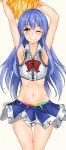 1girl ;) adapted_costume armpits arms_up blue_hair blush cheerleader hinanawi_tenshi long_hair looking_at_viewer midriff momo_retasu navel one_eye_closed pom_poms red_eyes simple_background smile solo touhou white_background 