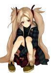  book brown_eyes copyright_request face footwear leg_hug long_hair plaid shirabi_(life-is-free) shoes simple_background socks solo tartan twintails very_long_hair 