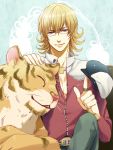  ^_^ animal barnaby_brooks_jr belt blonde_hair cabbie_hat cat closed_eyes eyes_closed glasses green_eyes hat jacket jewelry lovecom male petting red_jacket ring smile solo studded_belt tiger tiger_&amp;_bunny 