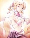  ^_^ blonde_hair bow closed_eyes cup dancho_(danch) drill_hair eyes_closed highres mahou_shoujo_madoka_magica pantyhose school_uniform skirt smile solo teacup tomoe_mami twin_drills 
