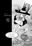  2girls ace_combat_zero alice_margatroid apron bad_id book broom broom_riding capelet comic dress english fat_(artist) hairband hat kirisame_marisa long_hair monochrome multiple_girls shanghai_doll short_hair snow touhou translated witch witch_hat 