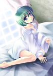  a_kirima alternate_costume antennae bare_legs bed blue_eyes blush bottomless collarbone dress_shirt green_eyes green_hair naked_shirt no_pants off_shoulder oversized_clothes shirt short_hair sitting solo touhou window wriggle_nightbug 