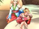  1boy 2girls age_difference bed blonde_hair breasts brother_and_sister brown_hair cleavage closed_eyes dress eyes_closed family feet flare_en_kuldes gensou_suikoden gensou_suikoden_iv granatum lazlo long_hair mother_and_daughter mother_and_son queen_of_obel short_hair short_ponytail siblings sleeping smile suikoden suikoden_iv young 