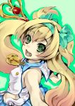  bell blazblue blonde_hair green_eyes long_hair low-tied_long_hair platinum_the_trinity quad_tails smile staff symbol-shaped_pupils two_side_up zau_(okogesan) 
