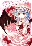  bad_id bat_wings blue_hair blush bow dress fang frills hand_on_lap hand_on_own_chest hand_to_chest hat heart jaku_sono necktie open_mouth pink_dress red_eyes remilia_scarlet short_hair sitting smile solo touhou wings wrist_cuffs wristband 