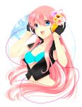  bad_id blue_eyes flower gloves hair_flower hair_ornament hands_on_headphones headphones highres long_hair looking_at_viewer megurine_luka osusi_kotobuki pink_hair smile solo vocaloid 