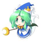  blue_dress bowtie chibi crescent dress ghost ghost_tail green_eyes green_hair hat long_hair mima musashino_udon open_mouth solo staff touhou touhou_(pc-98) wings wizard_hat 