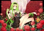  bad_id bare_legs chemise choker flower fur green_hair hairband hana&#039;s_(sora_no_kioku) hana's_(sora_no_kioku) long_hair red_eyes sitting solo star_driver very_long_hair watanabe_kanako 