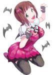  amami_haruka arms_up bat black_legwear breasts brown_hair fang fangs fingerless_gloves gloves green_eyes hair_ornament idolmaster idolmaster_2 issei my_dear_vampire open_mouth short_hair simple_background smile solo thigh-highs thighhighs vampire 