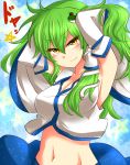  armpits arms_up blush breasts bust cleavage colored_eyelashes detached_sleeves frog green_hair hair_ornament hair_tubes hands_in_hair kochiya_sanae midriff navel roki_(hirokix) seductive_smile smile snake solo touhou yellow_eyes 