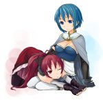  blue_eyes blue_hair bow cape dokuwo gloves long_hair magical_girl mahou_shoujo_madoka_magica miki_sayaka multiple_girls ponytail red_eyes red_hair redhead sakura_kyouko short_hair thighhighs 