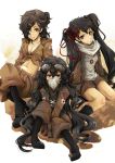  black_hair boots breasts cleavage dog_tags gloves goggles goggles_on_head hair_over_one_eye long_hair midriff military military_uniform multiple_girls okatsukisei personification scarf shin&#039;ya_tai shin'ya_tai short_hair twintails uniform wavy_hair 