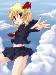  blonde_hair blush bow face fang foreshortening hair_bow hands kuon846 kuon_yashiro midriff navel open_mouth outstretched_arms red_eyes rumia school_uniform serafuku short_hair skirt sky solo spread_arms the_embodiment_of_scarlet_devil touhou youkai 