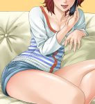  brown_hair cleavage couch hanamura hands head_out_of_frame lips original phone shorts sitting solo thighs 