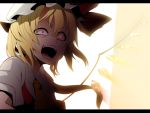  blonde_hair blood bloody_tears cloud_palette crazy_eyes dress fangs flandre_scarlet hat letterboxed necktie open_mouth red_dress red_eyes shirt short_hair solo the_embodiment_of_scarlet_devil touhou wings 