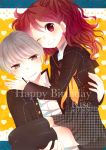  couple grey_eyes grey_hair happy_birthday kujikawa_rise narukami_yuu persona persona_4 red_eyes red_hair redhead school_uniform twintails wink 