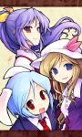  animal_ears blonde_hair blue_hair brown_eyes bunny_ears ebizome hat highres multiple_girls purple_eyes purple_hair red_eyes reisen smile syslila touhou violet_eyes watatsuki_no_toyohime watatsuki_no_yorihime 