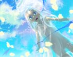  bad_id blue_eyes cloud clouds dress honma_meiko kasu_(pixiv108801) open_mouth see-through sky smile solo tears white_hair 