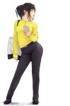  apple_inc. bag belt black_eyes brown_hair carina_(xiaowoo) digital_media_player earrings highres hips iphone ipod jeans jewelry lips open_mouth original phone ponytail profile purse shadow shoes simple_background sneakers solo sweater 