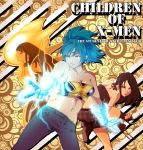  armor armor_(x-men) ashida_noriko bare_shoulders black_hair blue_hair claws electricity gauntlets ichiki_hisako inugami_mokekiyo jeans long_hair marvel midriff multiple_girls short_hair tubetop x-23 x-men 