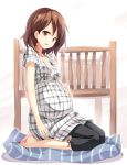  alternate_hairstyle barefoot blush breasts brown_eyes brown_hair casual cleavage cushion hair_down hirasawa_ui k-on! kneeling pregnant seiza senji_(tegone_spike) short_hair sitting smile solo 