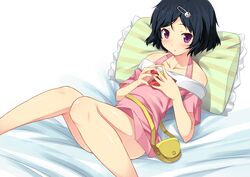  bare_legs bare_shoulders black_hair blue_hair blush hair_ornament hairclip long_hair male nectar-ii nectar_(fujiya) on_bed pillow pouch purple_eyes short_hair solo steins;gate trap urushibara_luka urushibara_ruka violet_eyes 