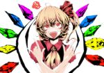  1girl \m/ ahoge ascot blonde_hair bust flandre_scarlet hair_ribbon highres neichiru red_eyes ribbon short_sleeves side_ponytail solo the_embodiment_of_scarlet_devil tongue tongue_out touhou wings 
