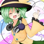  bakko blush cd eyeball green_eyes green_hair hat headphones heart komeiji_koishi open_mouth short_hair skirt smile solo symbol-shaped_pupils third_eye touhou wink 