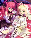  2girls ahoge blonde_hair blue_eyes blush bodysuit breasts cat claws detached_sleeves dress fate/extra_ccc fate_(series) green_eyes horns lancer_(fate/extra_ccc) lock long_hair looking_at_viewer multiple_girls padlock pink_hair pointy_ears saber_bride saber_extra tail two_side_up veil yude 